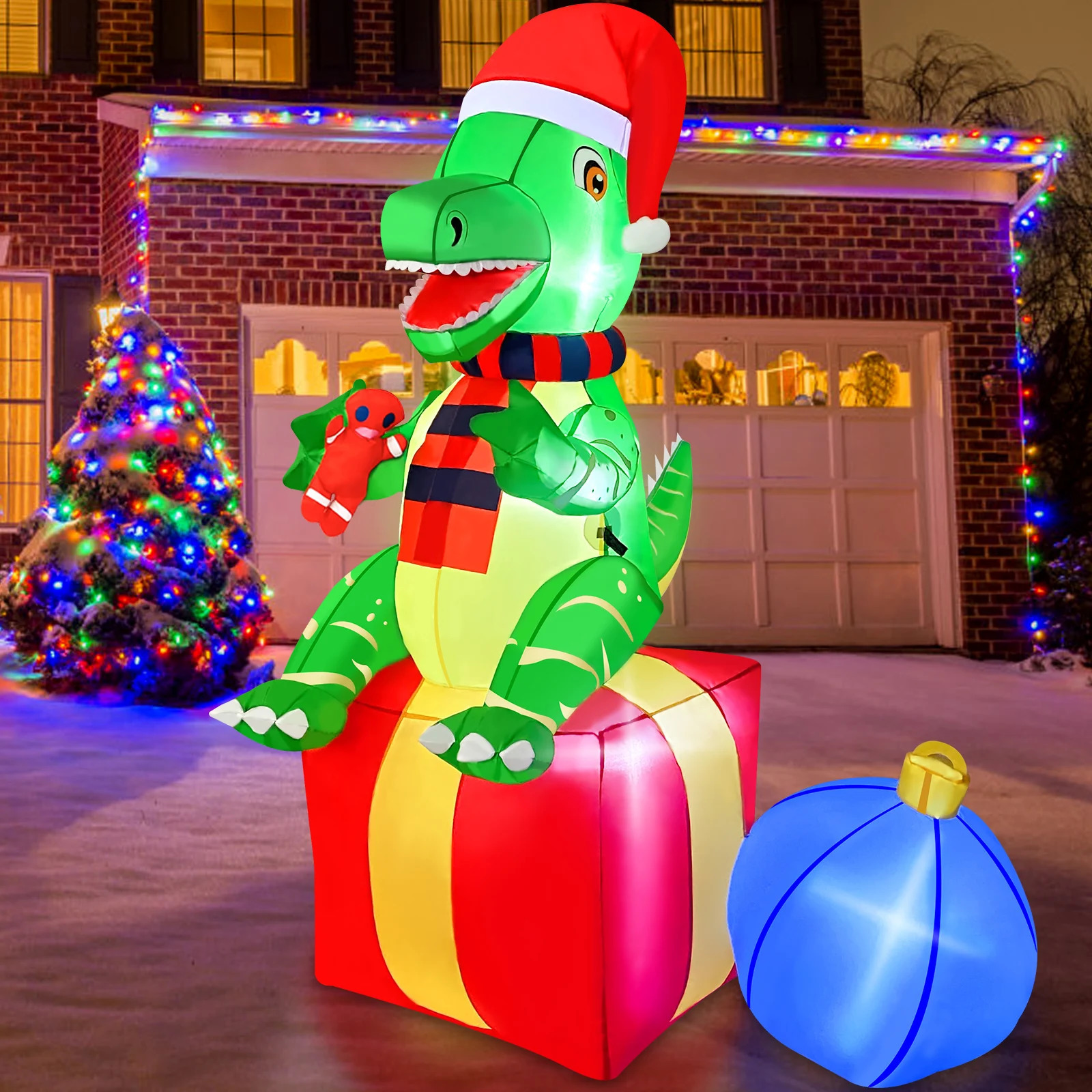 6-foot dinosaur Christmas inflatable outdoor decoration Christmas inflatable courtyard decoration Christmas indoor and outdoor garden lawn decoration 