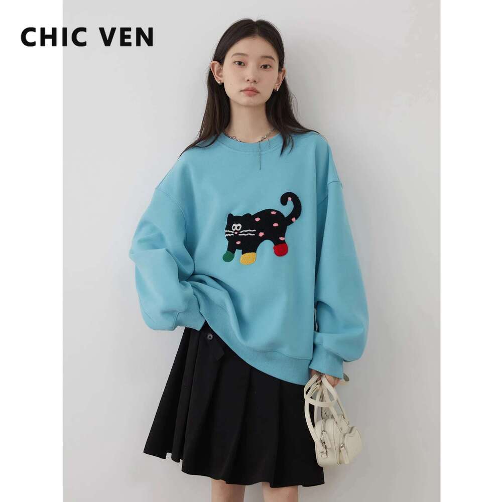 CHIC VEN Women Sweatshirts Loose Casual Streetwear New O Neck Cat Print Female Sports Top For Girl Clothing Autumn Winter 2024