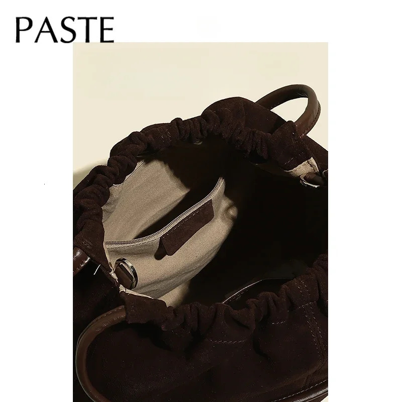 2025 Autumn Winter Simple Ruched Bucket Tote Coffee Color Matte Suede Cow Leather Women Handbag Rope Strap Shoulder Bag 241021