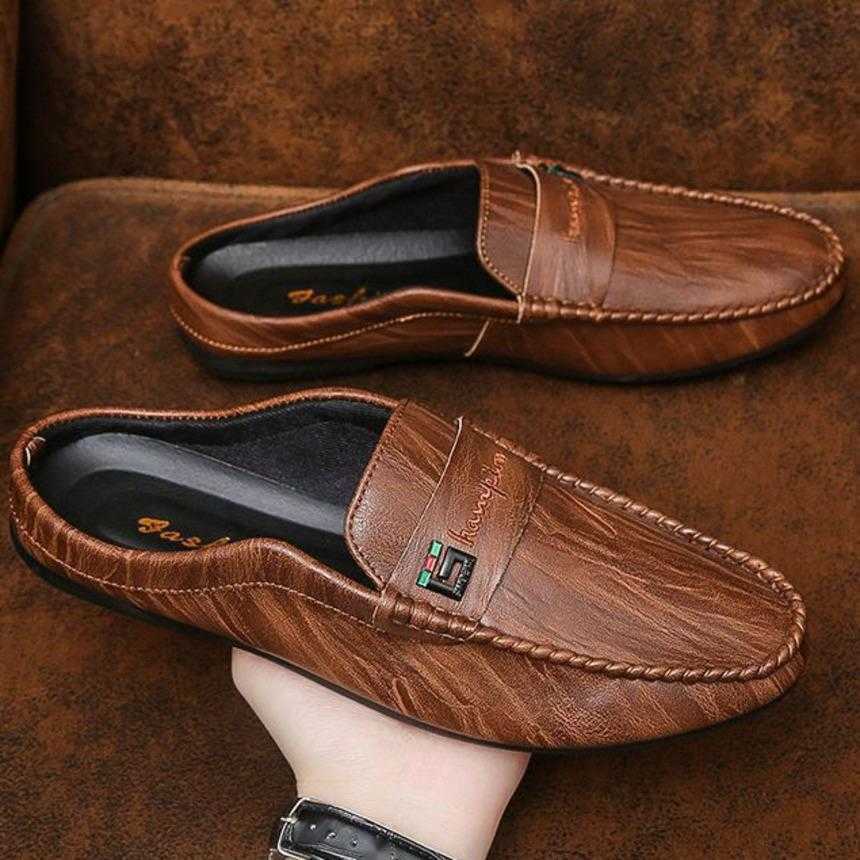 Men Dress Shoes Bean Shoes Mens New Style Mens Half Slippers For Outdoor Wear Summer Breathable Lazy Shoes One Foot No Heel Leather Shoes 241009