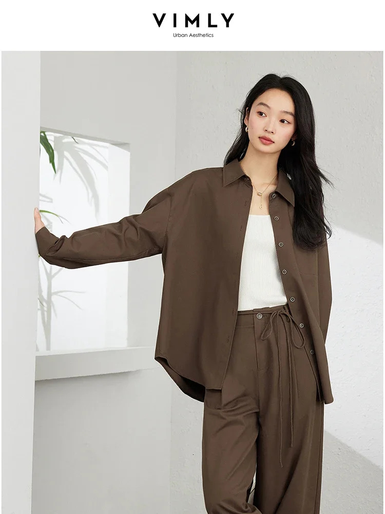 VIMLY Fashion 2PCS Womens Work OL Pants Set Autumn Long Sleeve Button Down JacketWide Leg Trouser Simple Casual Set 241023