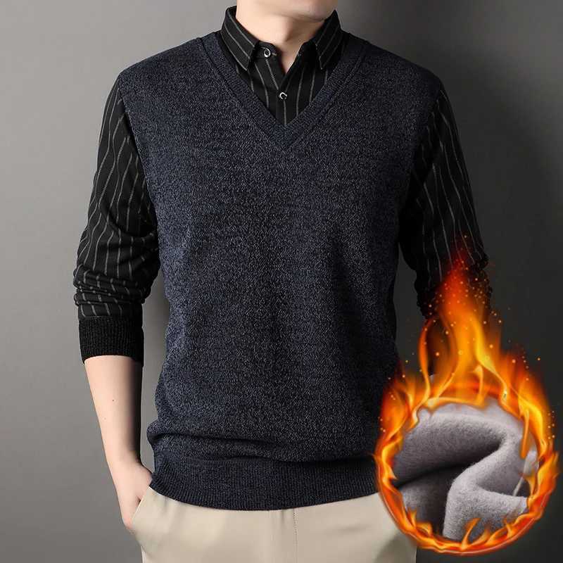 Male FLeece Pullover Mens Collar Sweater Autumn Winter Knitwear Stripe Sweaters Thick Warm KhAKi Korean Clothing LX241024