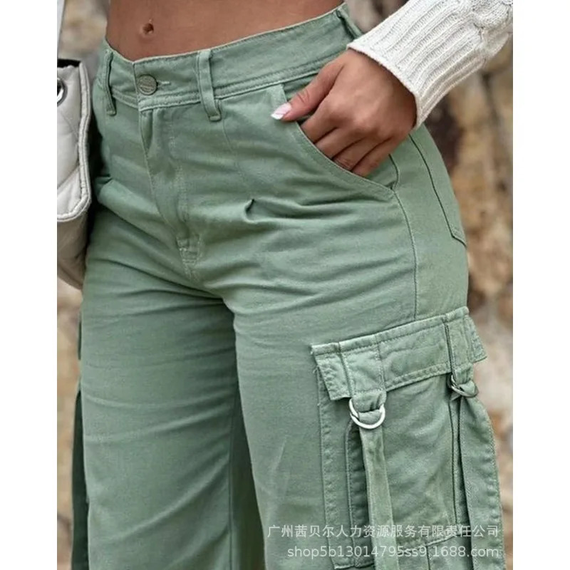 Wepbel pocket straight leg overalls pants fashion overalls womens Trouser army green casual patch solid color cargo pants 241023