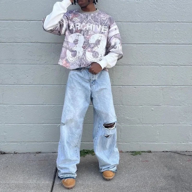 Fashion splicing floral mens top Y2K Harajuku retro loose casual splicing long sleeved letter printed T-shirt 241024