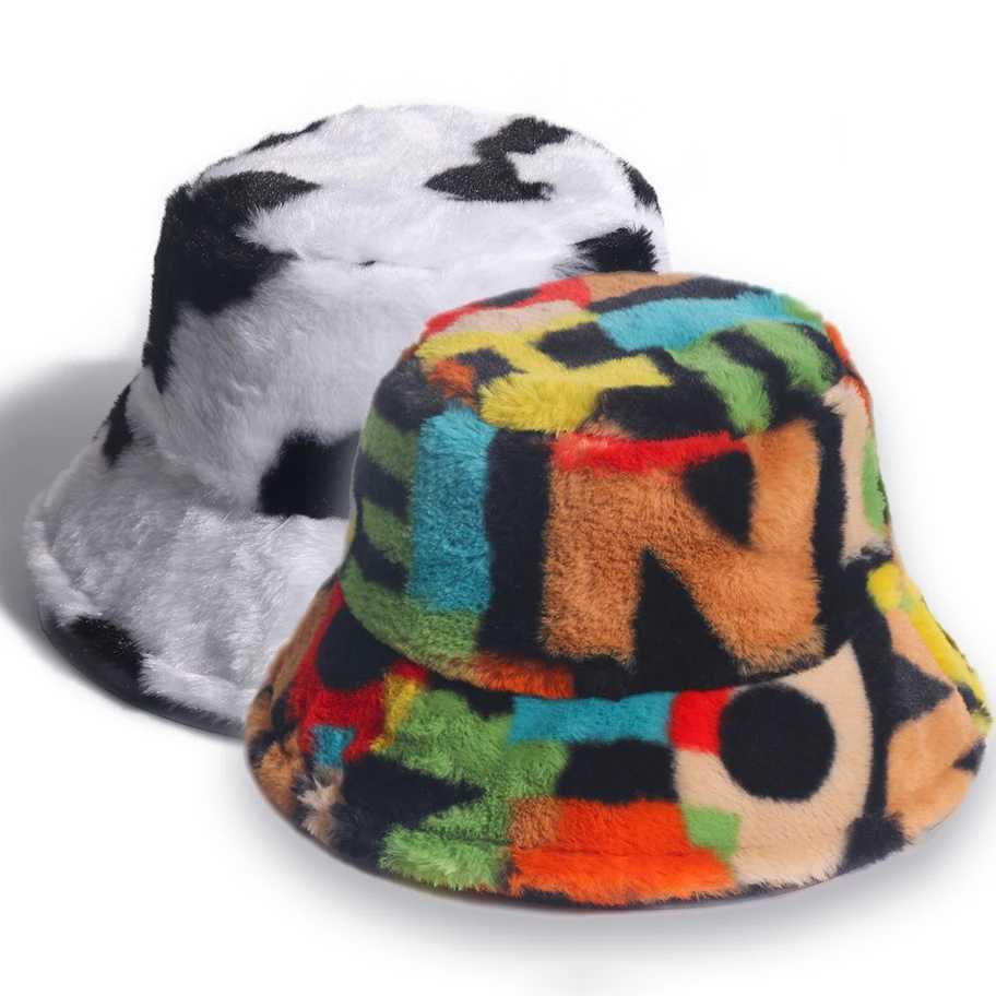Cashmere plush bucket hat for warm bucket hat Panama cowhide leopard fisherman hat ladies outdoor street winter hat X241023