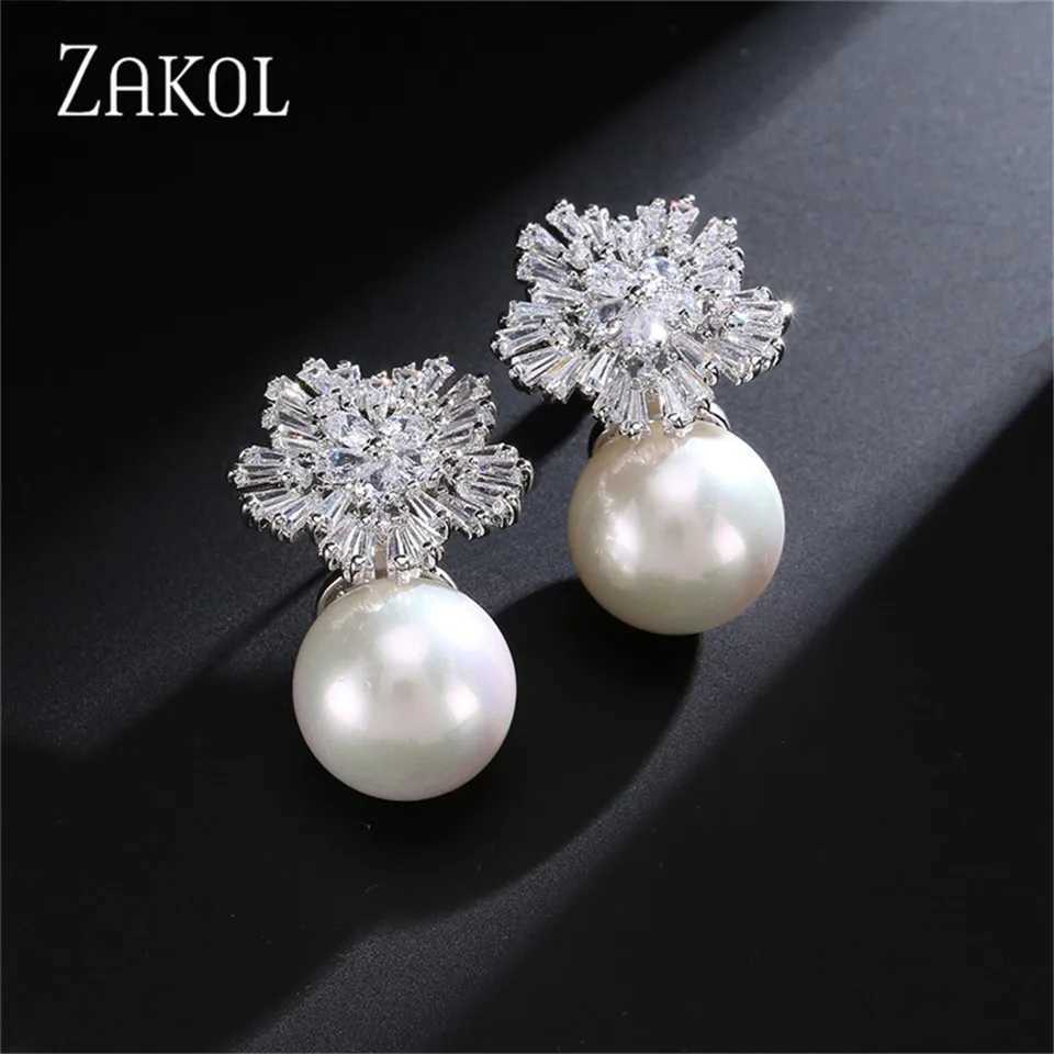 ZAKOL Korean Fashion Round Simulated Pearl Snowdrop Earrings Suitable for Elegant Women Cz Zirconia Bridal Jewelry EP075 W241023