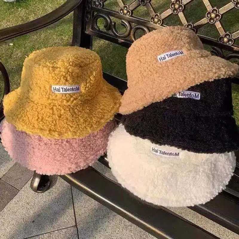 Wenlam bucket hat autumn thick plush wool warm flat top fisherman hat outdoor windproof Panama bean hat X241023