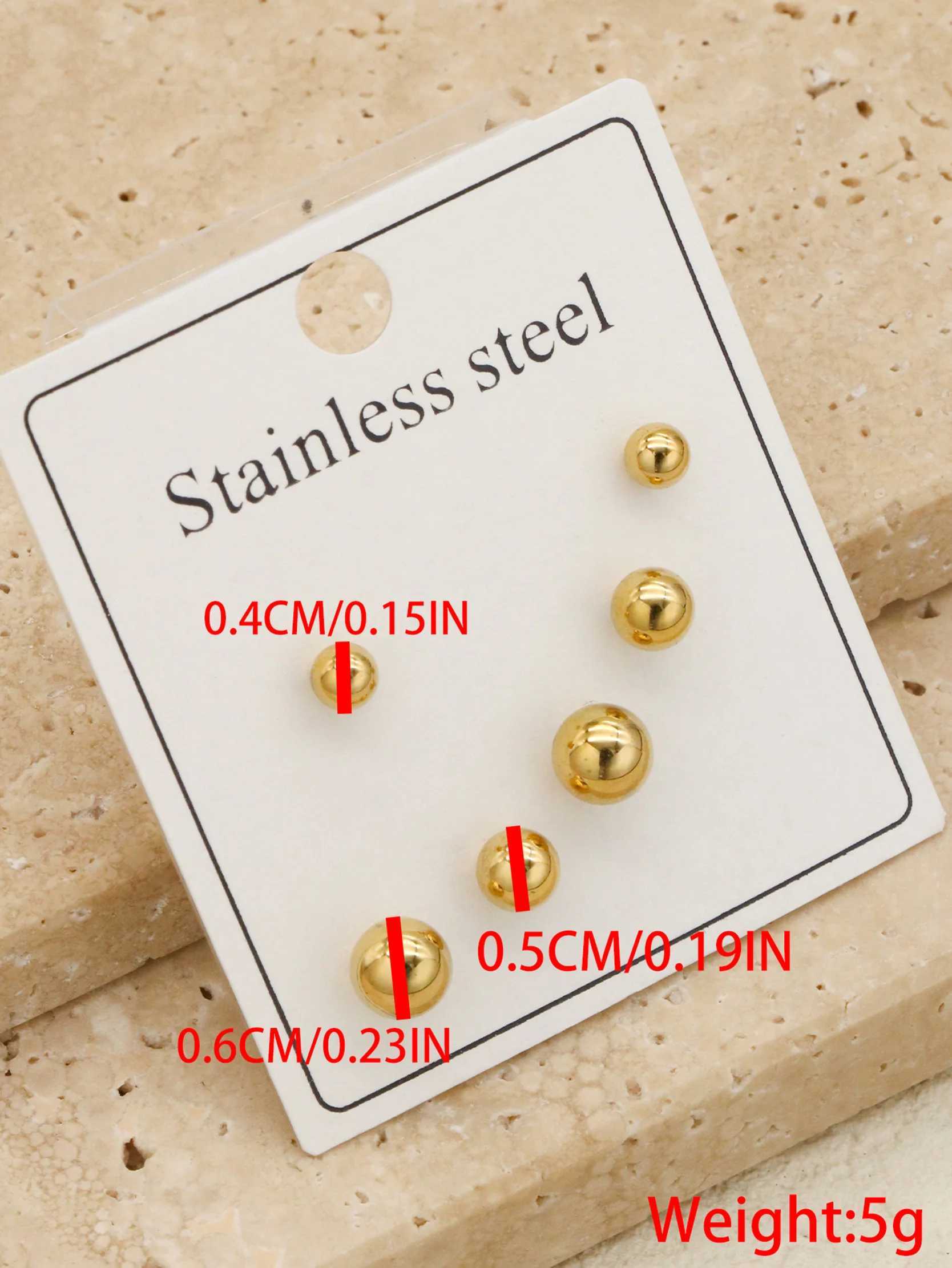 3Pairs/6pcs Golden Ball Earring Advanced Design Sense Stainless Steel Round Bead Earrings for Women Fashion Wholesale Gold ColorX241023