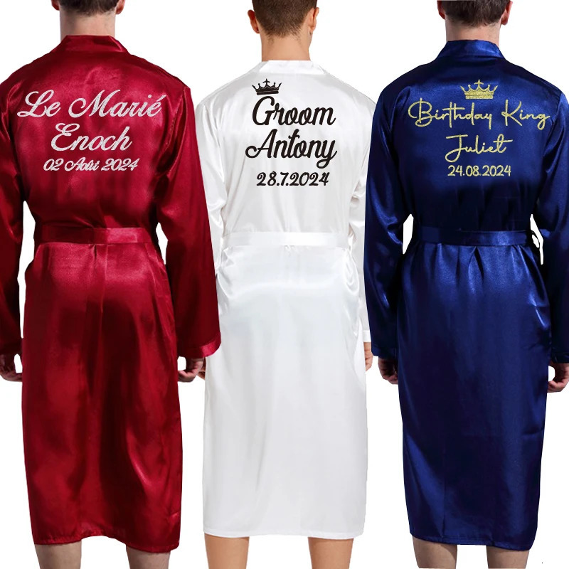 Groom Robe Emotion Silk Soft Home Bathrobe Nightgown Mens Kimono Customization Name and Date Personalized Wedding Party 241023