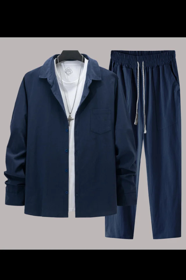 Mens cotton linen long sleeved shirt casual long sleeved pants two sets 241024