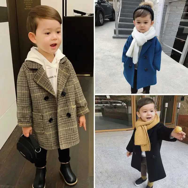 Winter grid jacket for boys and girls wool double-layer baby trench coat lapel childrens coat wool coat winter coat W241023