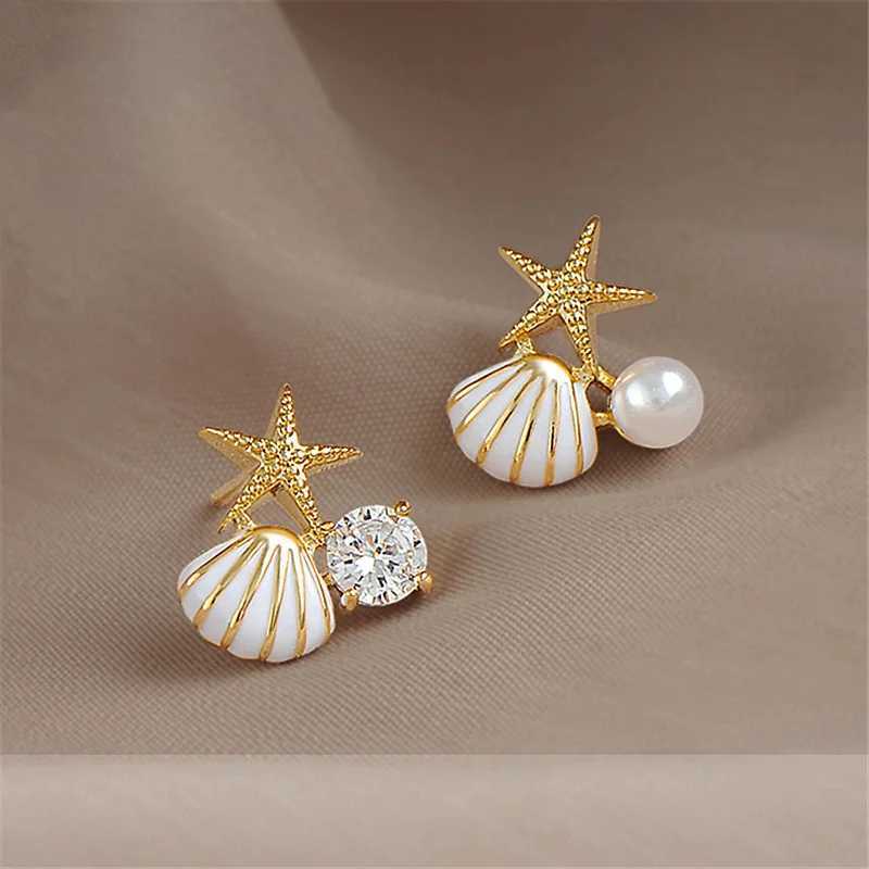 White Pink Shell Starfish Stud Earrings for Women Cute Asymmetric Imitation Pearl Rhinestones Beads Charms Small Ear JewelryX241023