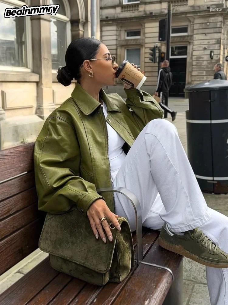 Women's Jackets Fashion Green Laple Zipper Leather Jacket Women Chic Long Sleeve Loose Cropped Coat 2024 Lady Casual High Street Outerwear