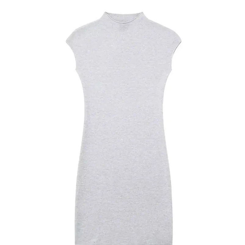 TRAF Women Fashion Stretch Knit Mini Dress Vintage High Neck Sleeveless Female Dresses Vestidos Mujer 241007