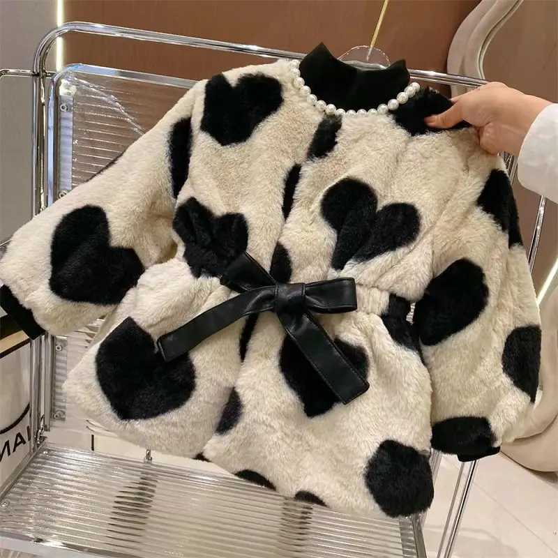 Newborn baby girl princess love with fur leather jacket long sleeved baby thick coat warm winter baby clothing 2Y-7Y W241023