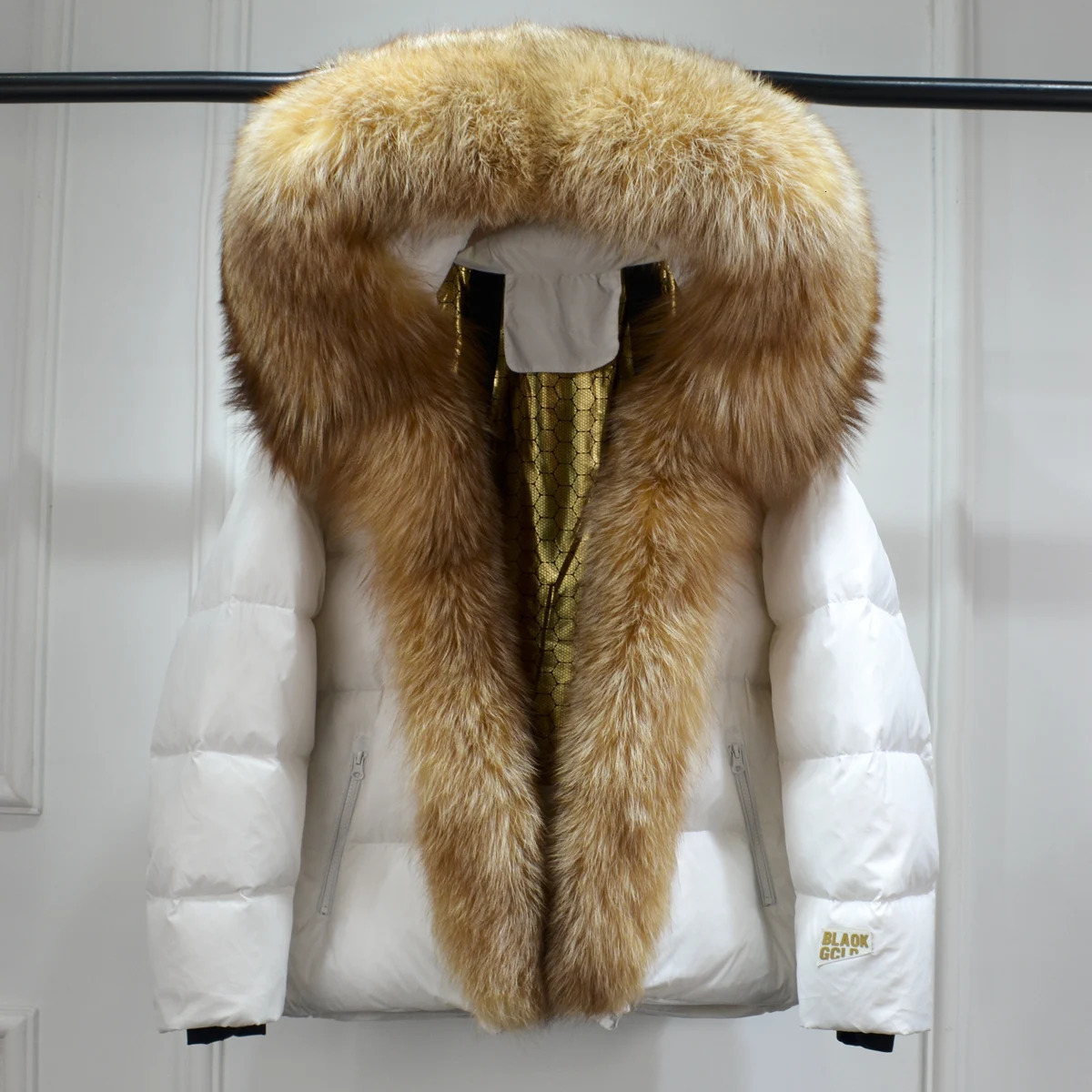 Janveny large natural silver fox fur collar hooded fashion park short inflatable jacket womens 90% white duck down jacket 241023