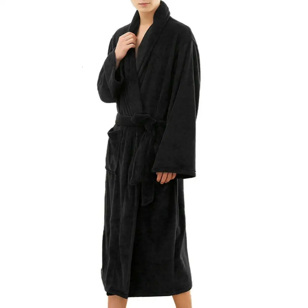 Mens soft coral fleece solid color pocket long bath robe home dress pajamas plus size loose and comfortable home clothes 241023