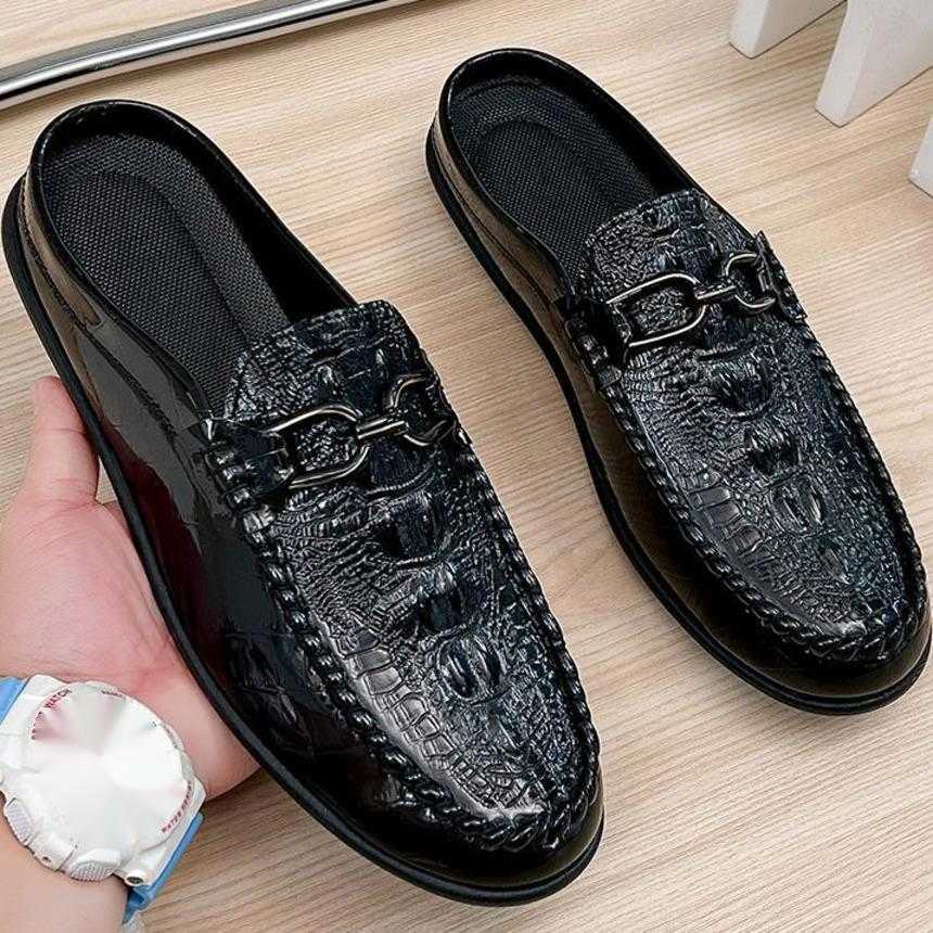 Men Dress Shoes Summer British Bean Shoes Mens Half Slippers Lazy One Step Leather Shoes No Back Heel Breathable Mens Casual Shoes 241009