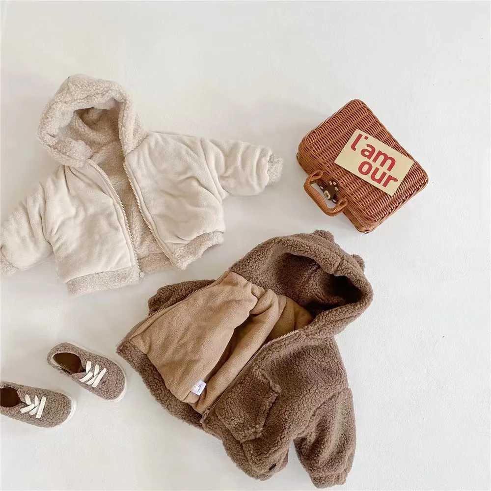 Korean version of winter boys and girls with thick cashmere suitable for children warm and cute teddy bear hooded cardigan jacket W241023