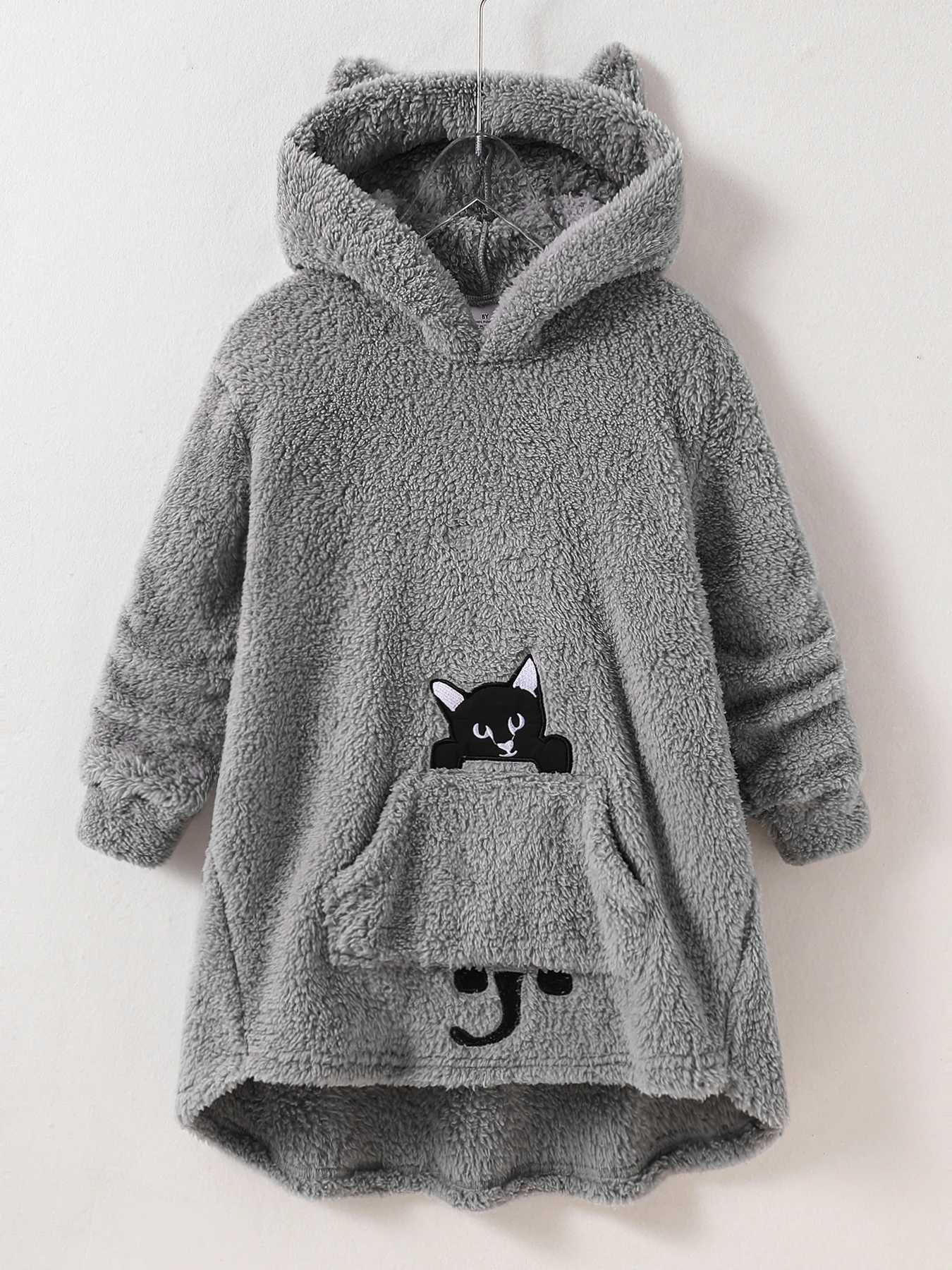 Girls autumn and winter childrens clothing fashion trends cute suede gray zipper cat pattern printed loose top hooded sweatshirt W241023