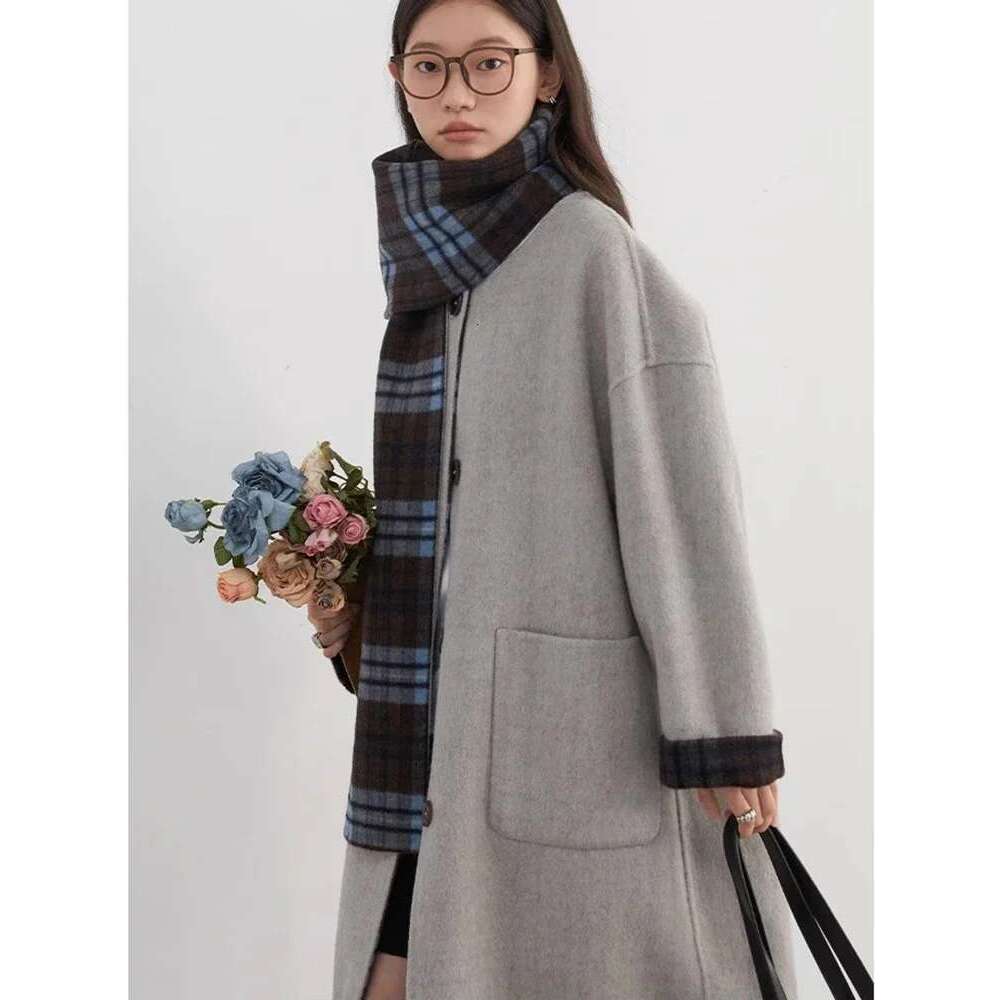 CHIC VEN Women Woolen Long Coat Loose New Double-Sided Overcoat With Scarf Ladies Plaid Topcoat Autumn Winter 2024 Clothing
