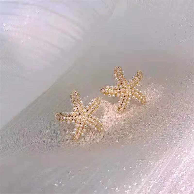 Elegant Imitation Pearls Starfish Stud Earrings for Women Gold Color Copper Metal Anti Allergic Versatile Jewelry GiftX241023