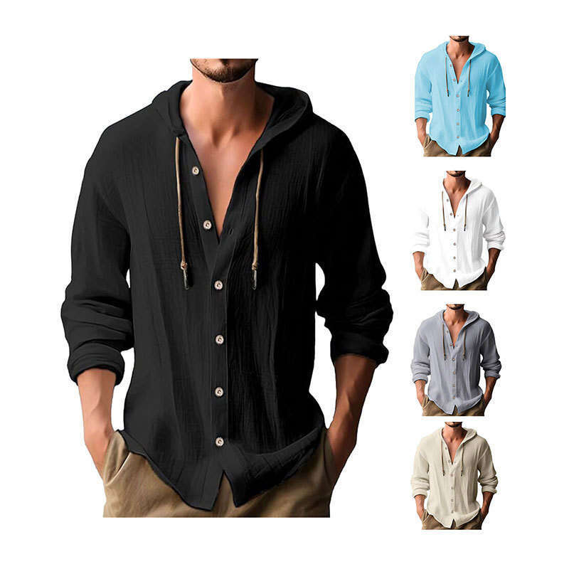 Cross border 2024 new spring/summer men's hooded T-shirt solid color cotton linen men's casual long sleeved top