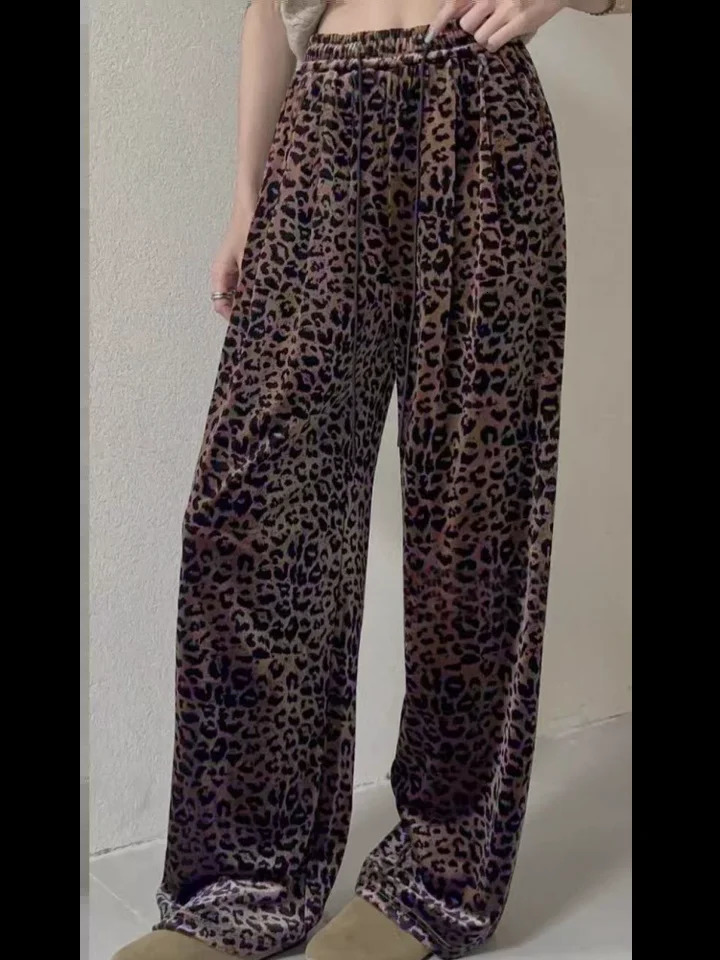 Elastic waist brushed leopard print loose gold velvet pants winter chic straight womens pants casual retro Trouser streetwear 241023