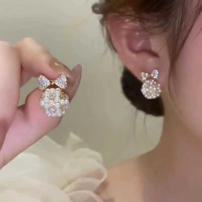 Elegant Bow Rhinestone Imitation Pearl Stud Earrings for Woman Korean Fashion Party Girls Temperament Jewelry Gift AccessoriesX241023