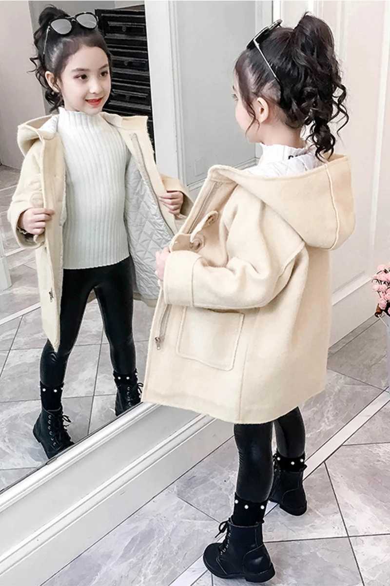 Childrens wool coat autumn and winter girls thick coat student fashion hooded wool coat P357 W241023