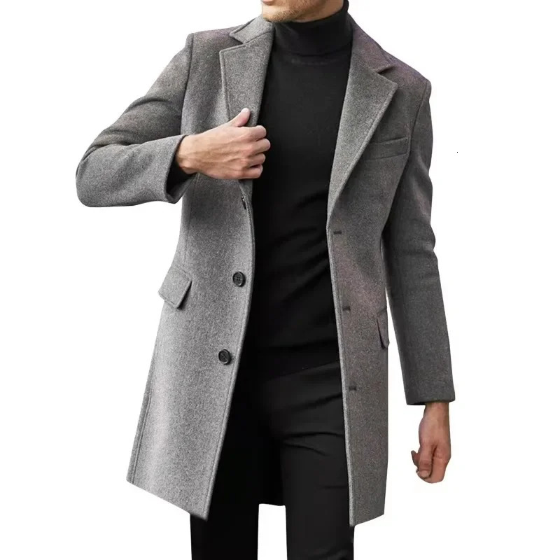 autumn and winter mens windproof jacket British long sleeved wool coat fashionable and trendy set single chest trench coat mens style 241024
