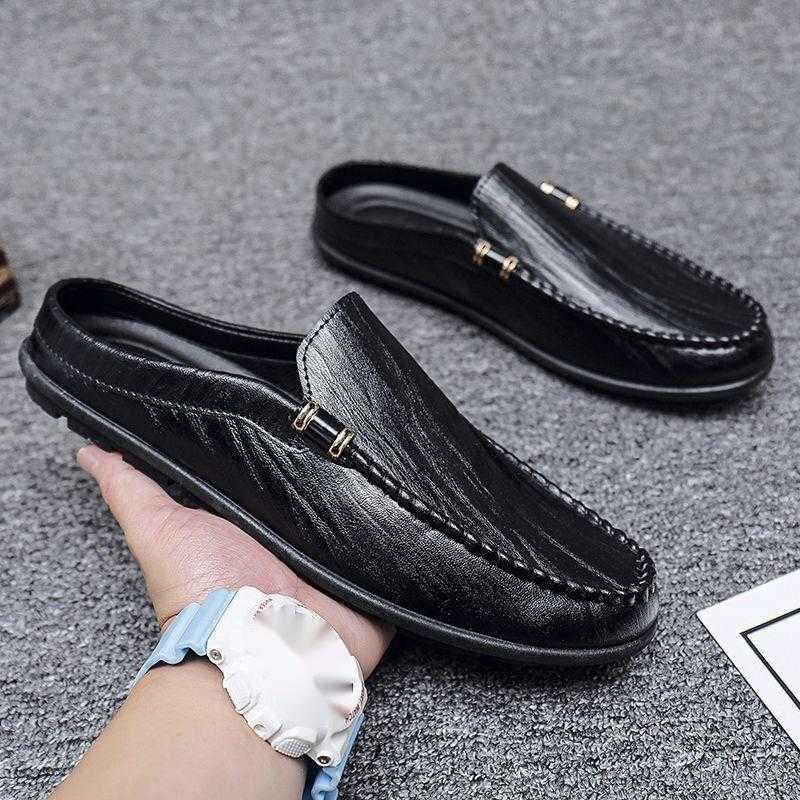 Men Dress Shoes Summer British Bean Shoes Mens Half Slippers Lazy One Step Leather Shoes No Back Heel Breathable Mens Casual Shoes 241009