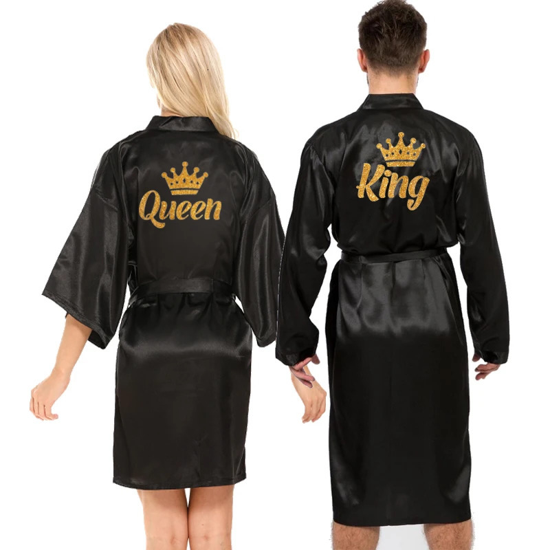 Wedding Queen King Robe Mens Wear Satin Match Couple Kimono Valentines Day Anniversary Gift Bridal Party Bridal Groom Robe 241023