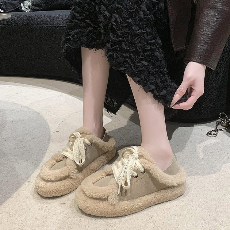 Autumn Winter New Lamb Wool Round Toe Lace Up Casual Flat Cotton Shoes