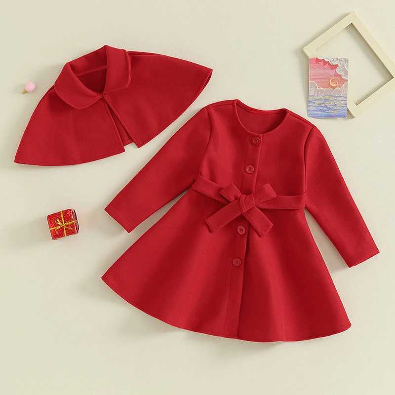 Yccutest Preschool Girls Christmas Wool Dress Coat with Cloak 2PCS Red Button Jacket Long Coat Autumn/Winter Coat W241023