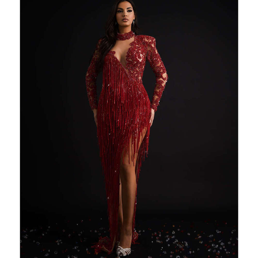 Red Mermaid Evening Long Sleeves V Neck Sequins Appliques 3D Lace Halter Side Slit Beads Tassel Plus Size Prom Dresses