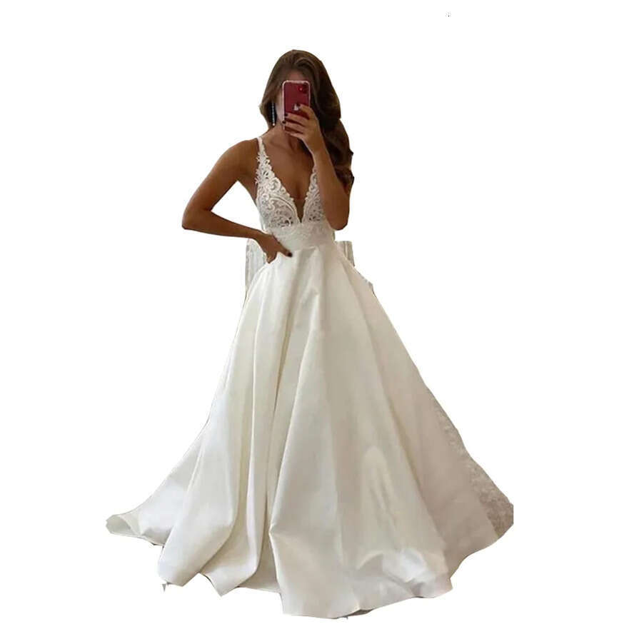 2023 Simple Satin A E Dresses With Buttons Sexy Open Back Vestidos De Novia Deep V Neck Lace Sleeveless Bride Wedding Beach Formal Bridal Gowns