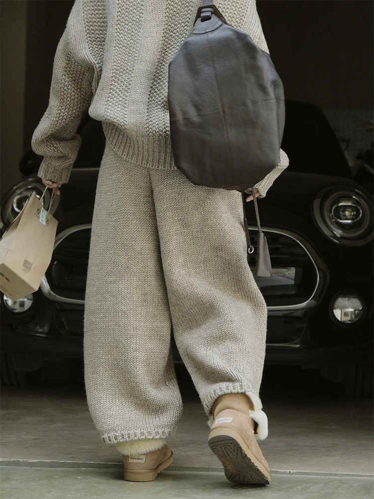 Lanmrem Womens Wide Leg Pants Retro Loose High Waist Elastic Solid Color Knitted Mens Winter Style 2WA140 241024