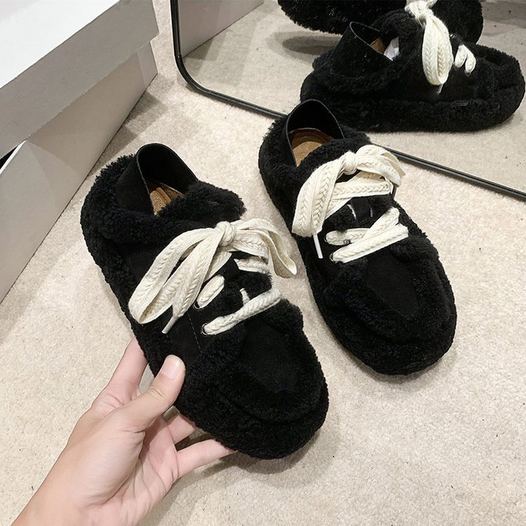 Autumn Winter New Lamb Wool Round Toe Lace Up Casual Flat Cotton Shoes