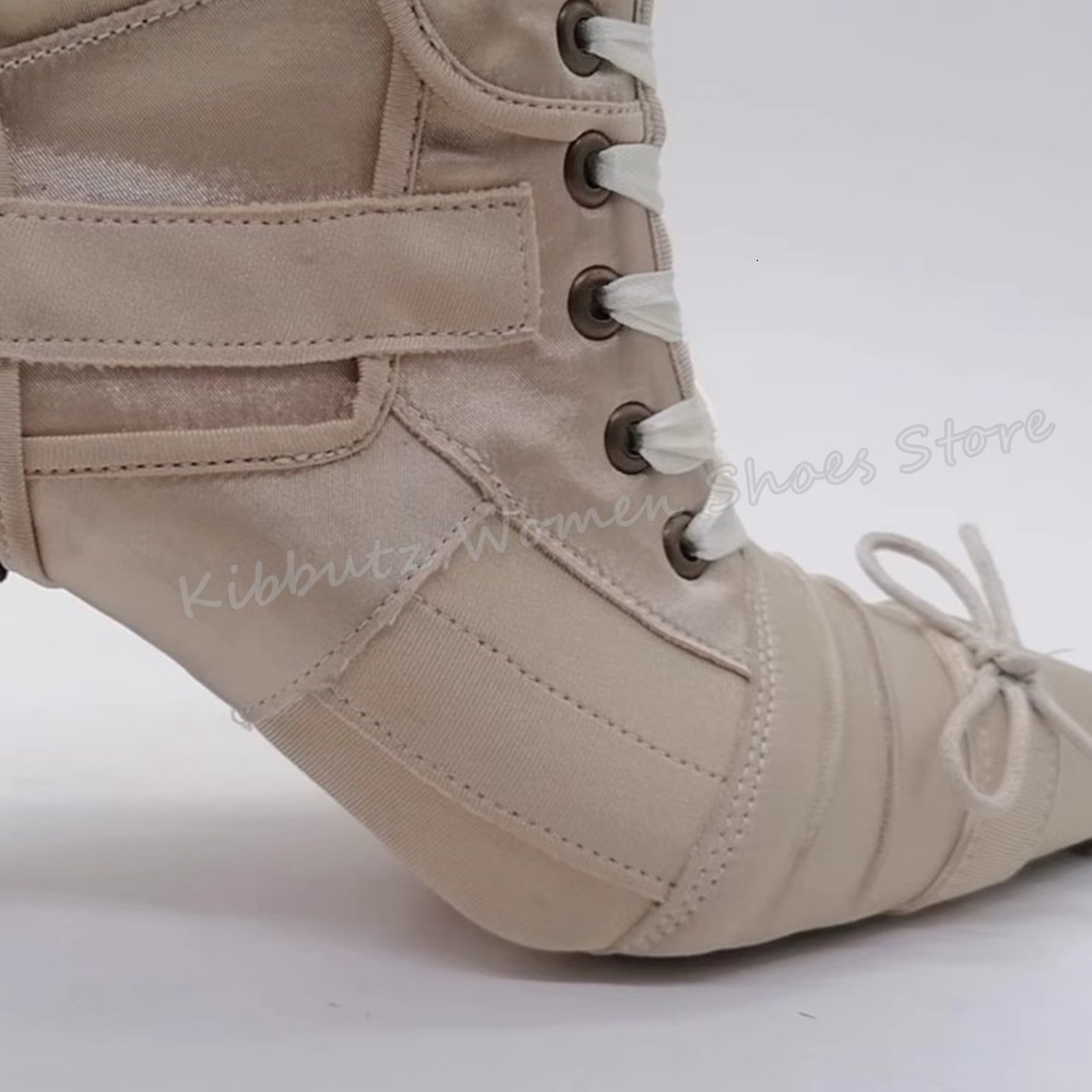 Satin Lace-Up Knee High Boots Bows Belt Buckle Elegant Fashion Sweet Dress Women Shoes New Pointed Toe Kitten Heels Solid Color