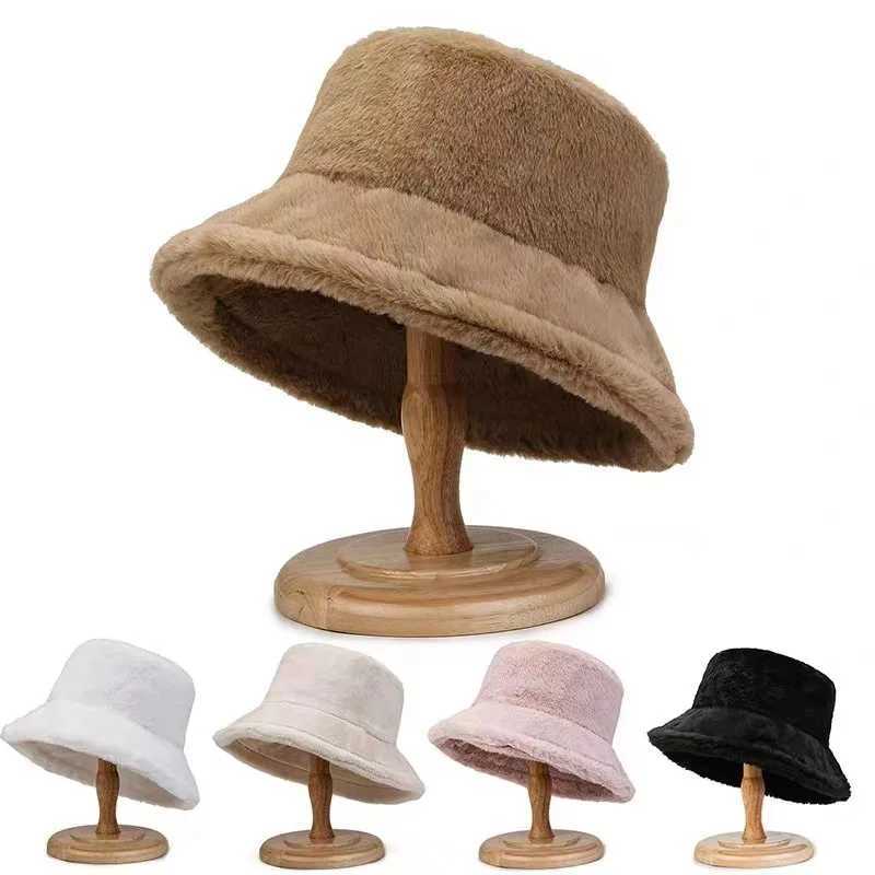 Plush fluffy fur bucket hat suitable for warm and soft girls in autumn Korean version hat hat solid cotton outdoor sun hat X241023