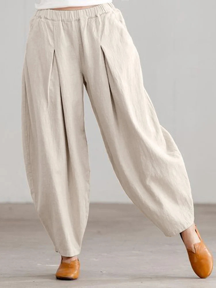 ZANZEA Summer Elastic Waist Solid Trouser Womens Casual Bag Pants Elegant Loose Wide Leg Pantalon Retro Cotton Turning 241024