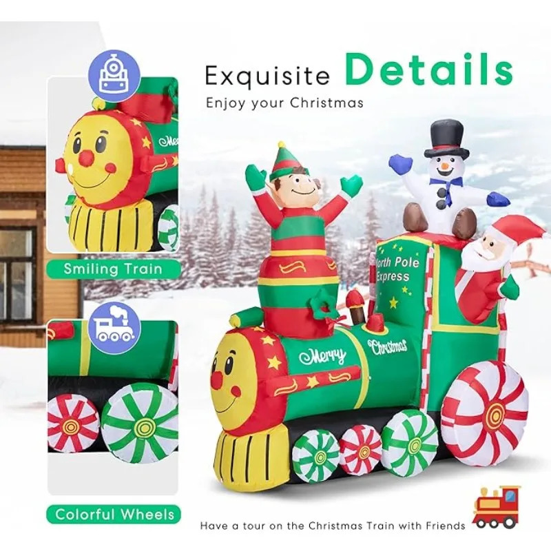 1.8M/6FT Christmas Decoration Inflatable 3-Person Train with Built in LED Lights Indoor and Outdoor Christmas Party Garden Scene Celebration 241024