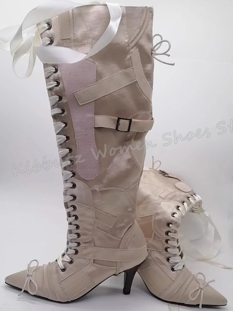 Satin Lace-Up Knee High Boots Bows Belt Buckle Elegant Fashion Sweet Dress Women Shoes New Pointed Toe Kitten Heels Solid Color