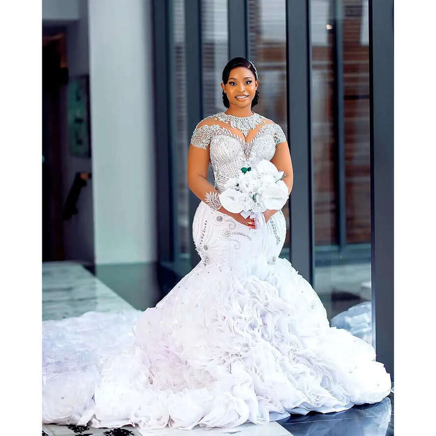 Heavy Gorgeous Mermaid With Laminated, Tulle And Crystal Embellishments, Oversized Traig Bridal Wedding Dress