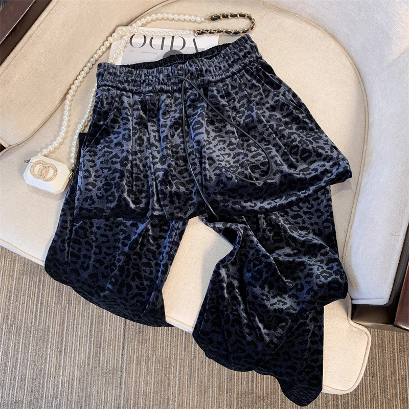 Bomon Autumn Leopard Pattern Wide Leg Pants Womens High Waist Straight Pants 241023
