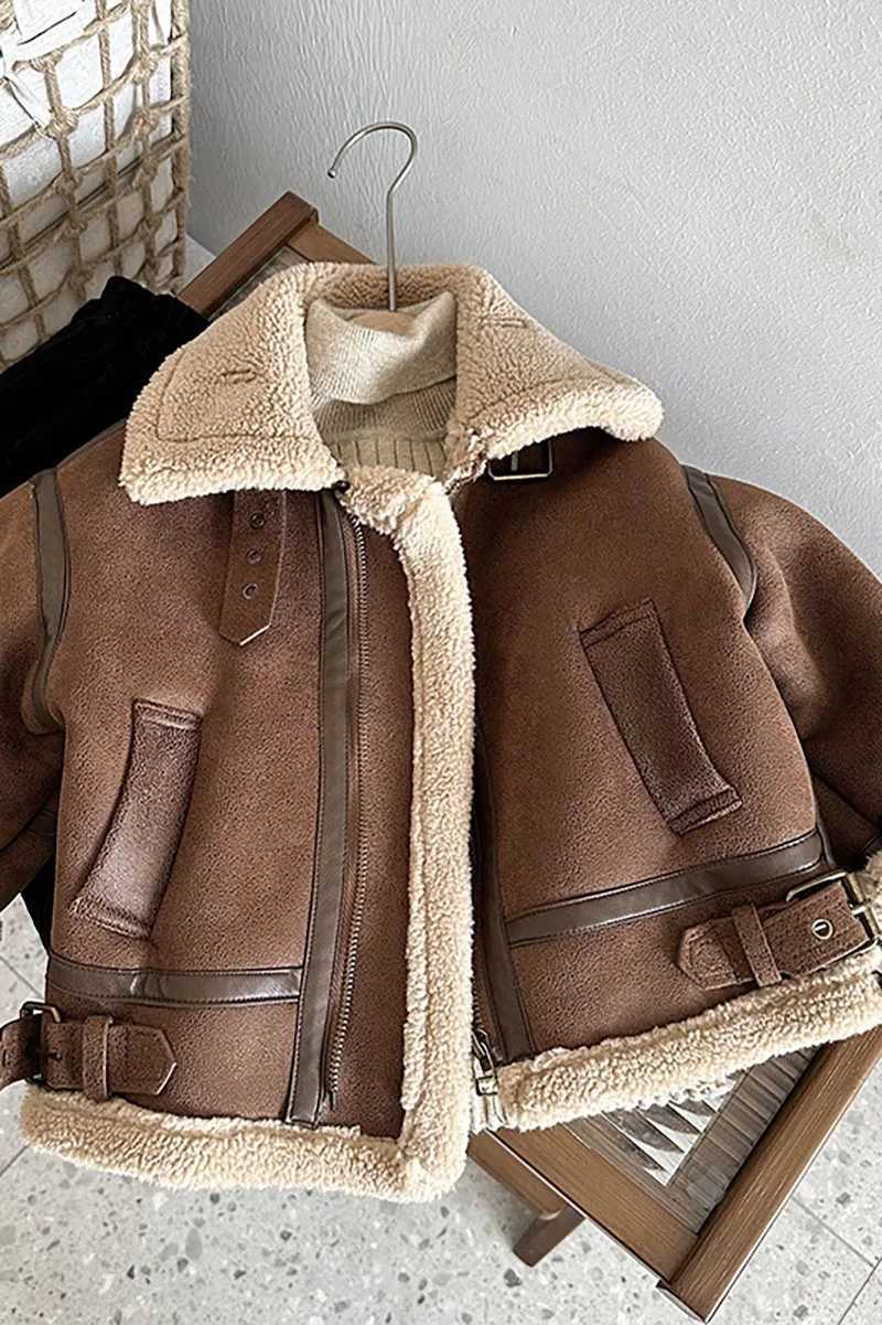Childrens wool jacket 2023 winter new baby boys and girls sliding suede fur one-piece jacket fashionable high neck cotton dress W241023