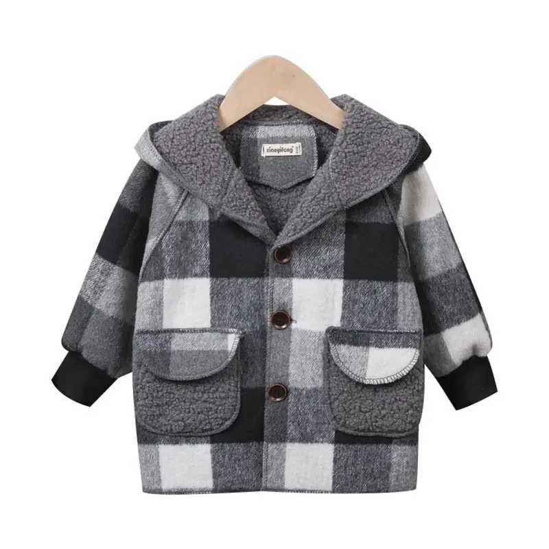 Winter cotton childrens boys clothing plain weave casual wool coat with collar warm and windproof childrens clothing set for 2-7 years W241023