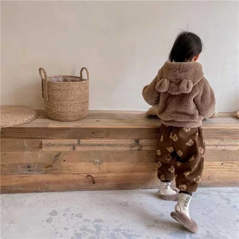 Korean version of winter boys and girls with thick cashmere suitable for children warm and cute teddy bear hooded cardigan jacket W241023