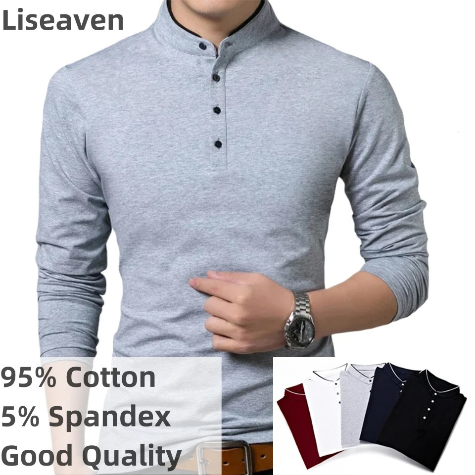 Lisseaven Mens Cotton T-shirt Full Sleeve T-shirt Mens Solid Color T-shirt Top and T-shirt Wen Hua Collar Long Shirt 241024